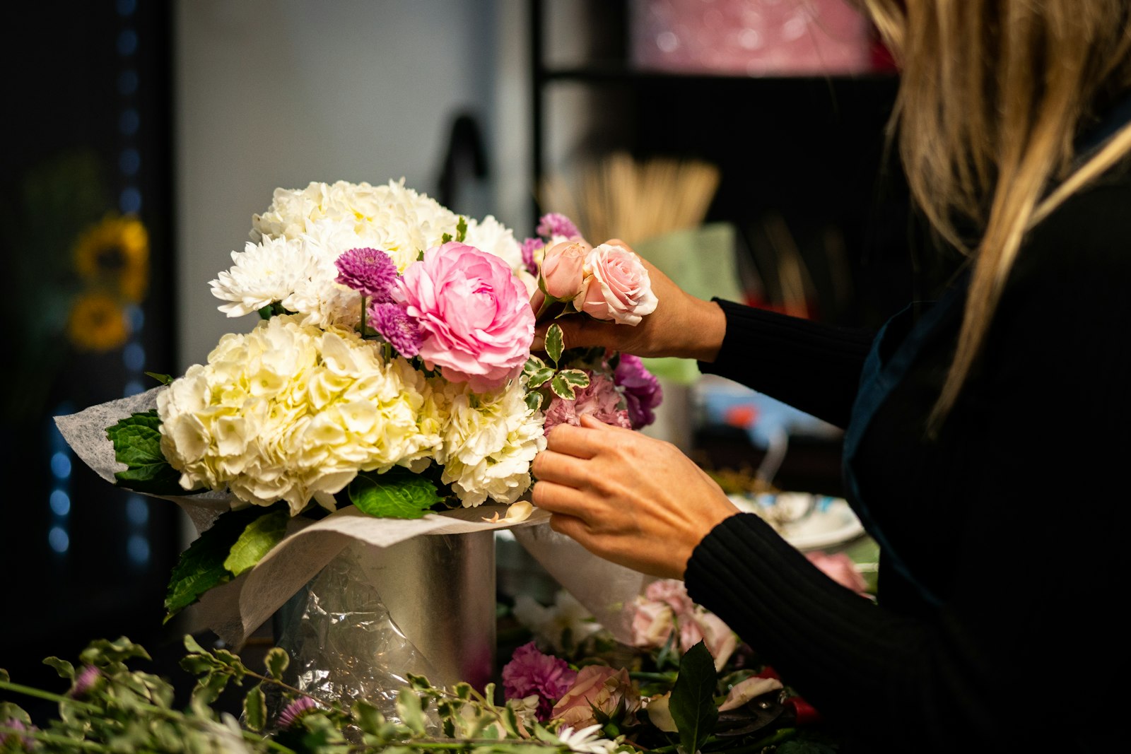 Preparing flowers in the studio